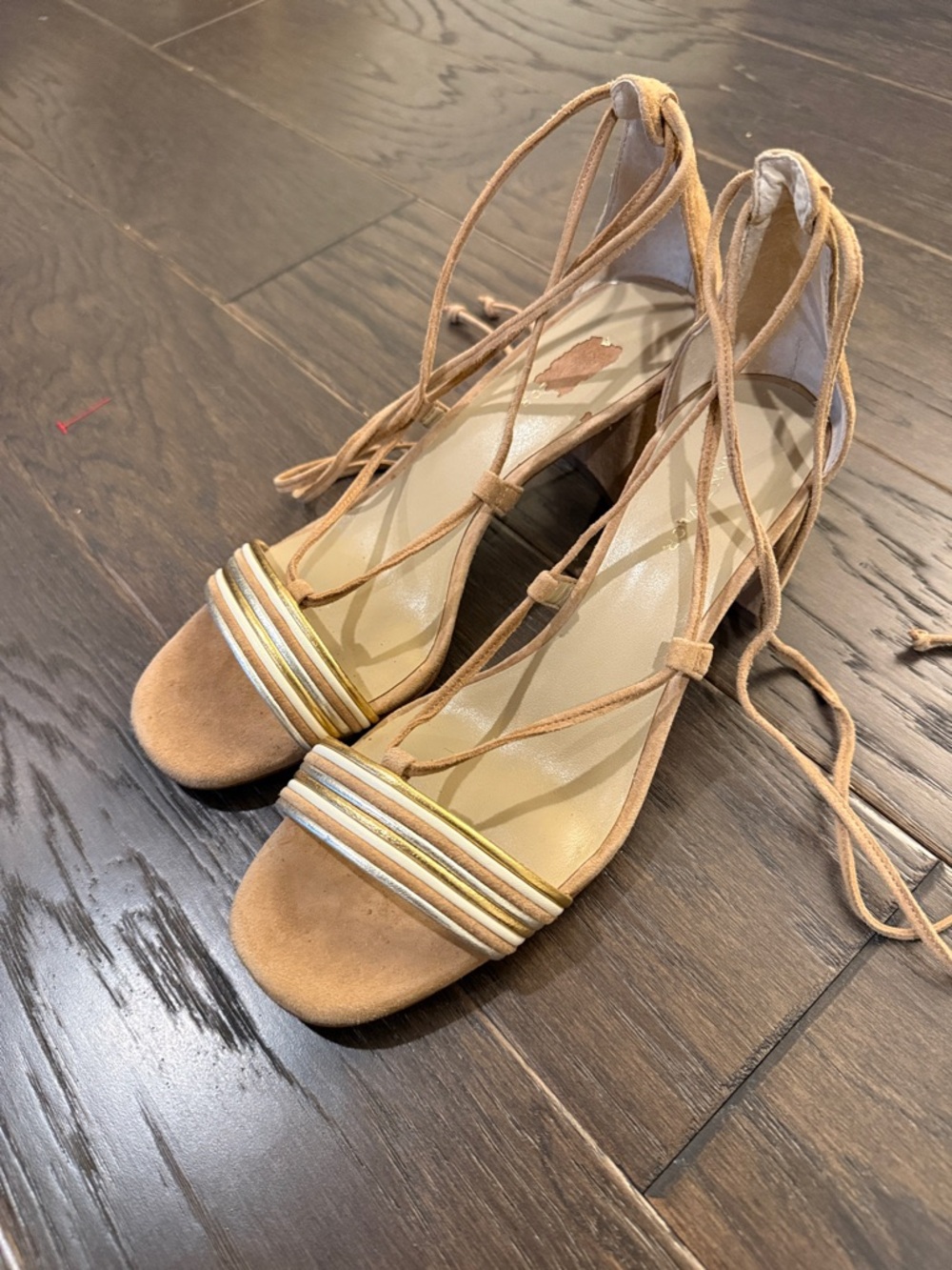 Ann Taylor Tan Suede Lace-Up Sandals with Metallic Stripes